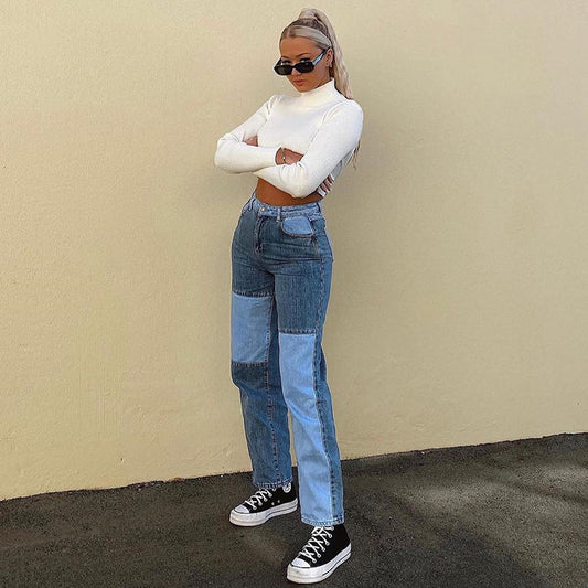 High-waisted straight jeans with contrast stitching
