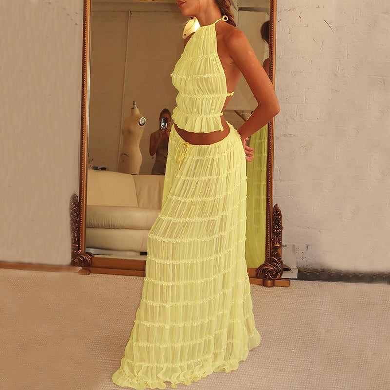 Ensemble 2 pièce robe sexy sans manches, dos nu