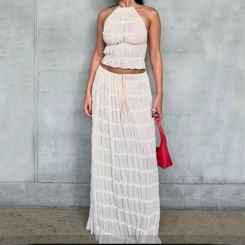Ensemble 2 pièce robe sexy sans manches, dos nu