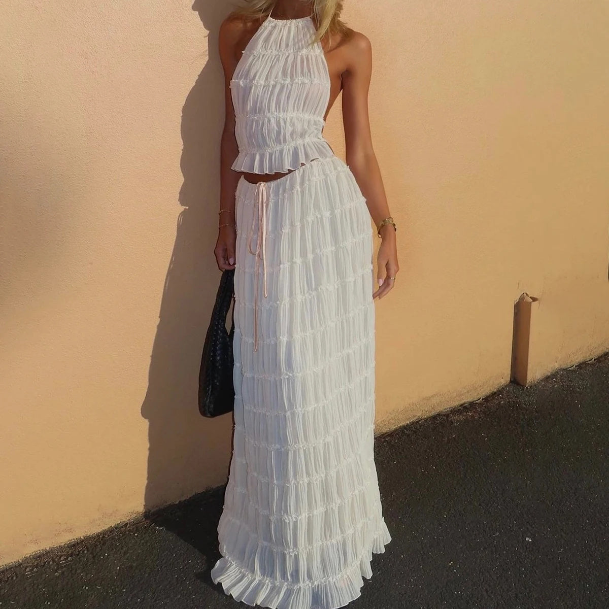 Ensemble 2 pièce robe sexy sans manches, dos nu