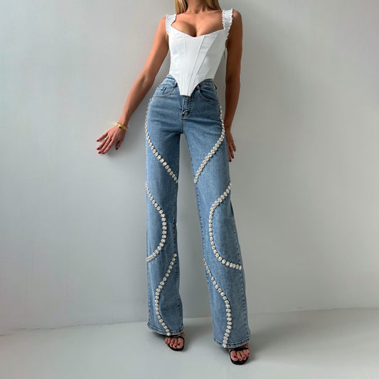 Loose-fitting straight-cut rhinestone jeans with a sense of design