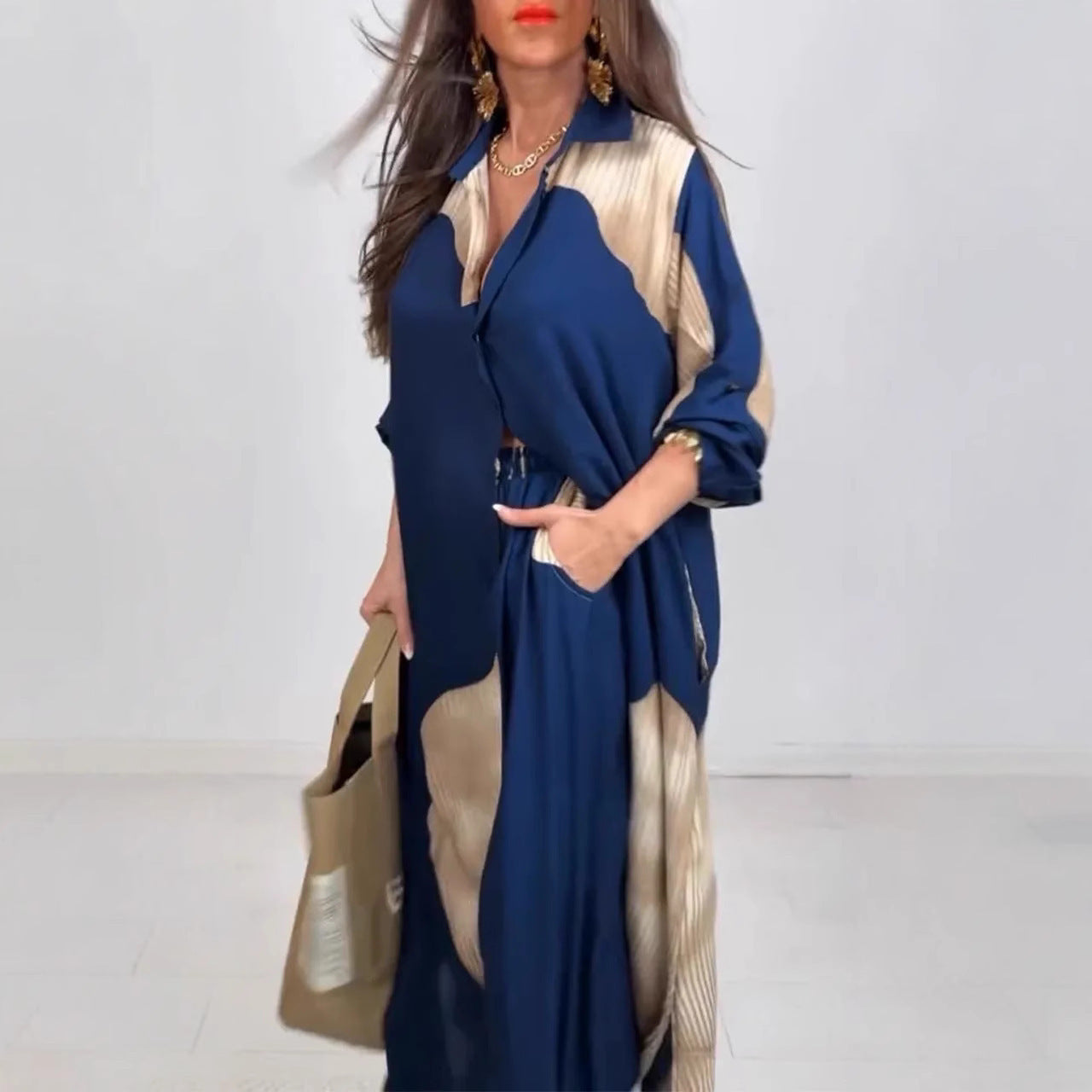 Printed top and pants set with three-quarter sleeves,