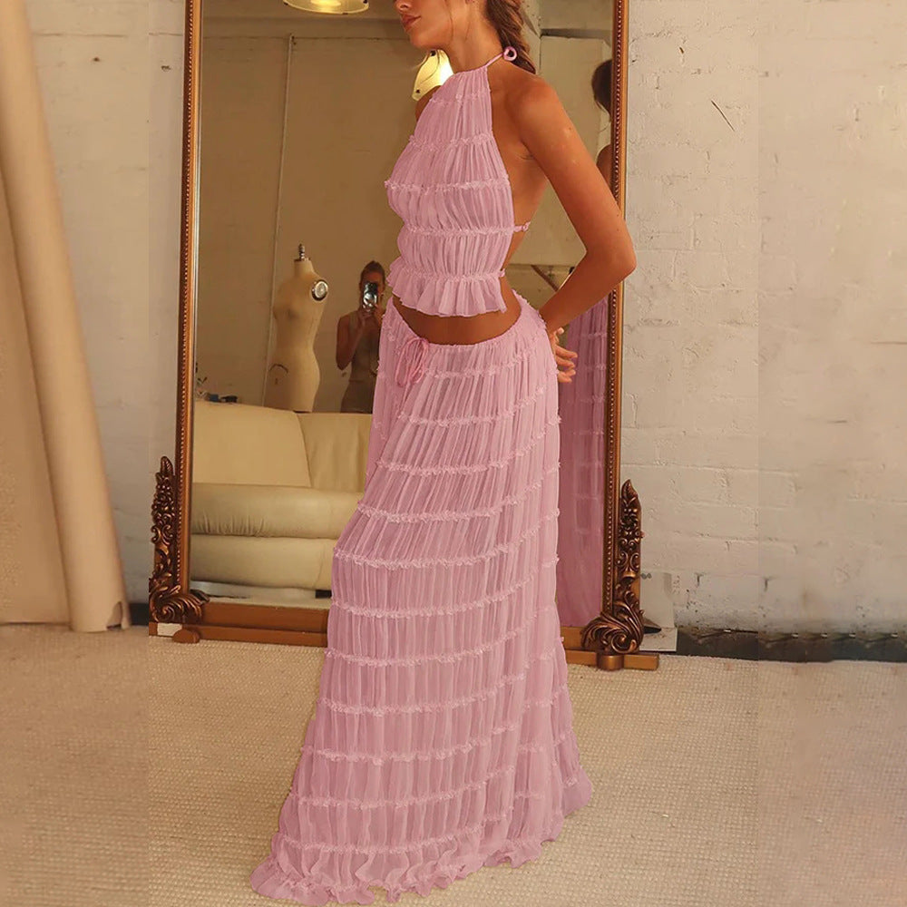 Ensemble 2 pièce robe sexy sans manches, dos nu