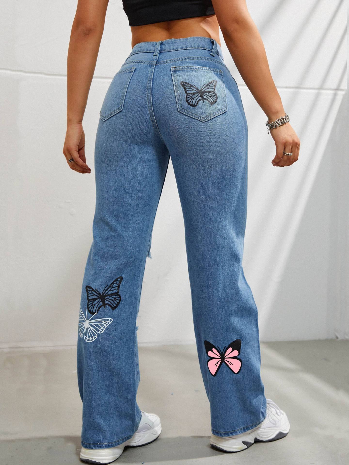 butterfly print ripped denim pants 🦋