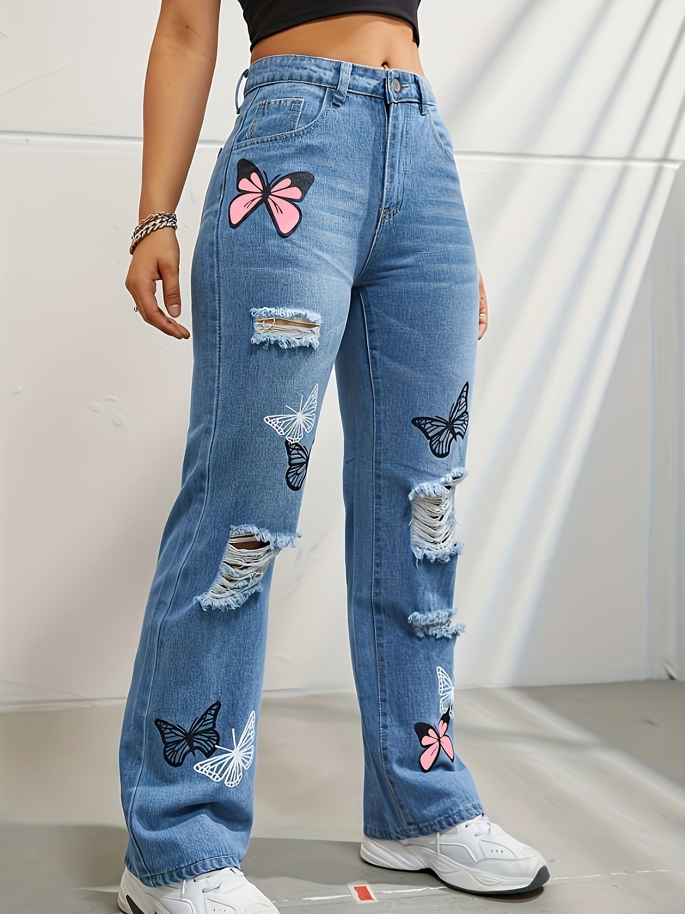 butterfly print ripped denim pants 🦋