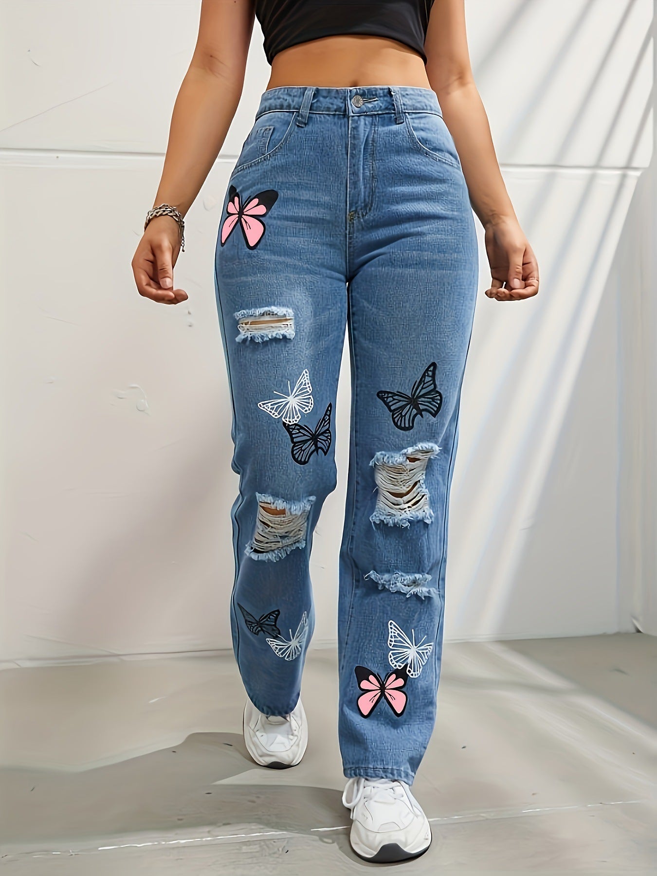 butterfly print ripped denim pants 🦋