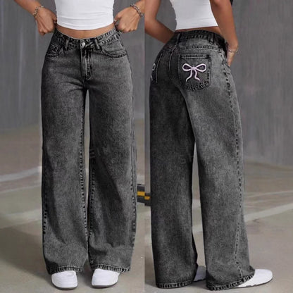 High-waisted, straight-leg embroidered jeans