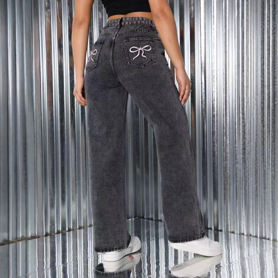High-waisted, straight-leg embroidered jeans
