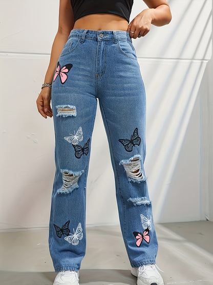 butterfly print ripped denim pants 🦋