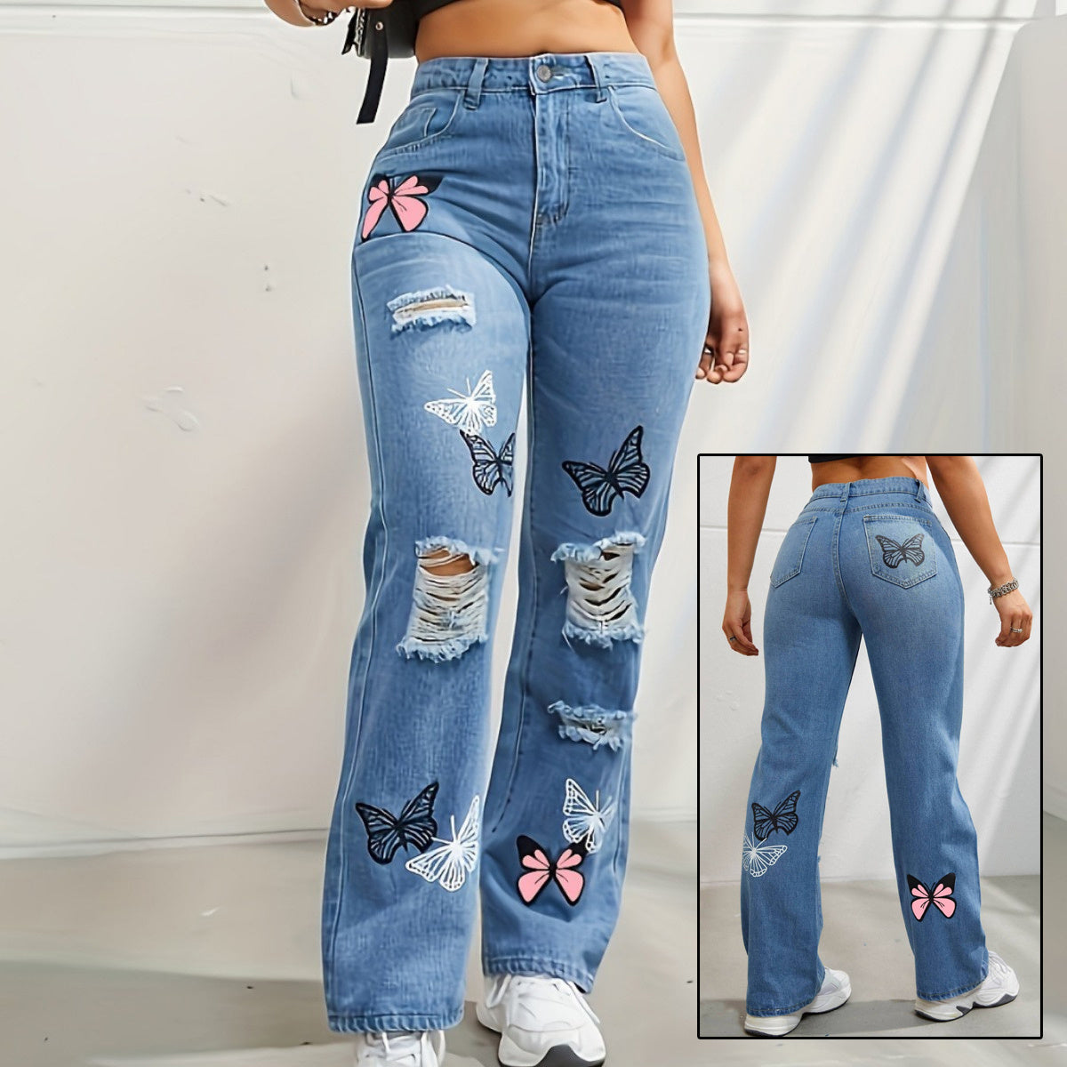 butterfly print ripped denim pants 🦋